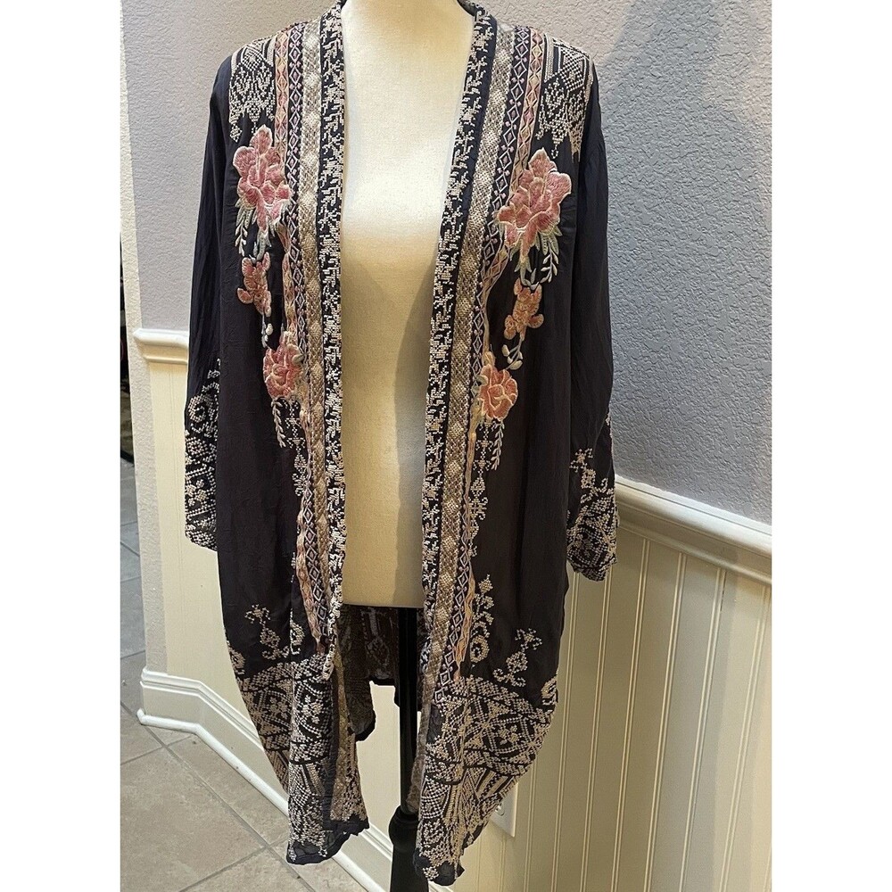 Biya Style Floral Embroidered Kimono Long Duster Cardigan BohoChic Navy Shabby